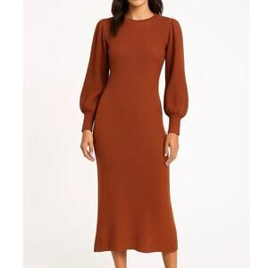 Abercrombie & Fitch Ribbed Knit Puff Sleeve Sweater Midi Brown Dress Medium, MP